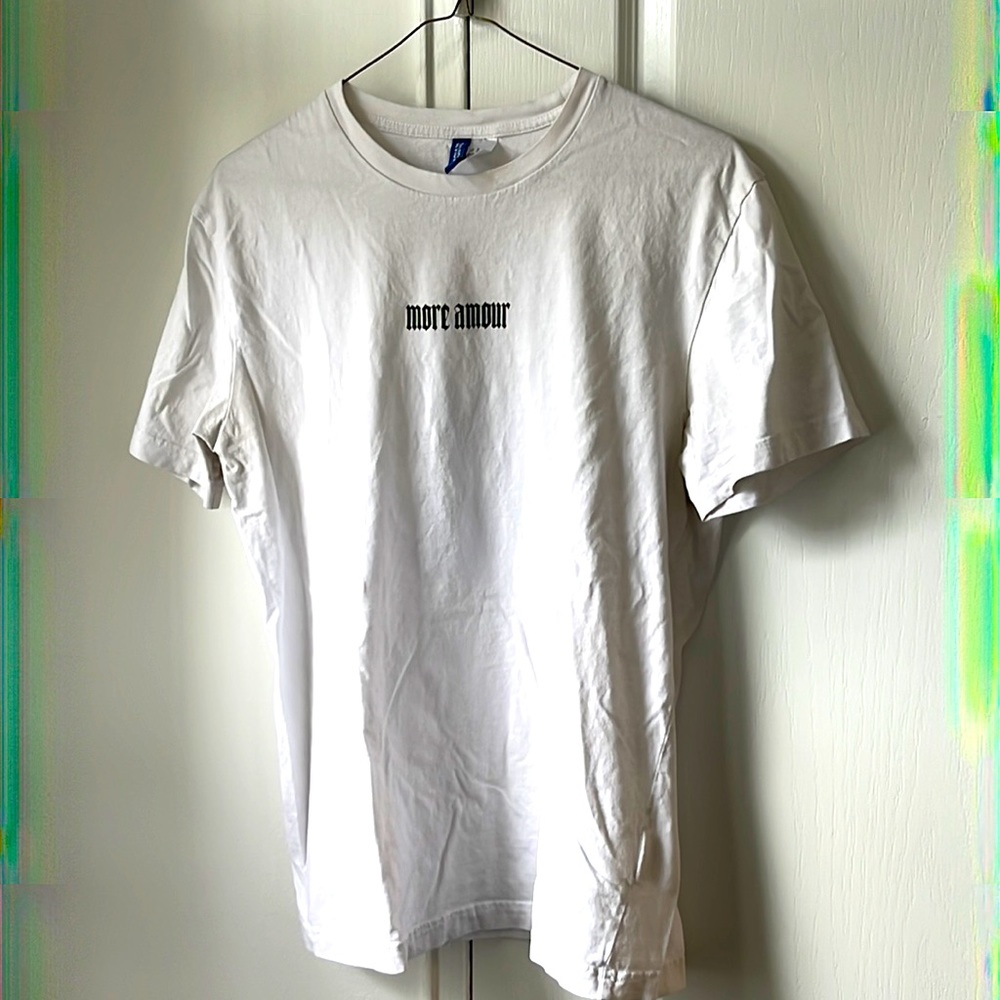 H&M white graphic tee with front and back designs, size: medium